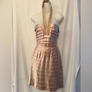 BCBGMaxAzria | Dresses | Bcbg Satin Layered Fitted Halter Dress Built In  Bra Champagne Nude Tan Tiered